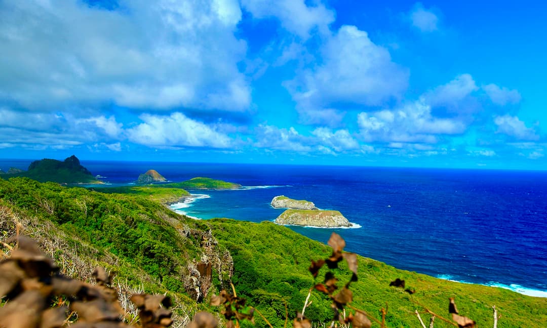 Vista panorâmica de trilha com falésias verdes e ilhotas no mar azul de Fernando de Noronha
